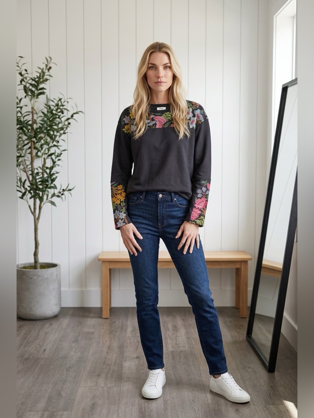Embroidered Floral Black Sweatshirt with Multicolor Accents